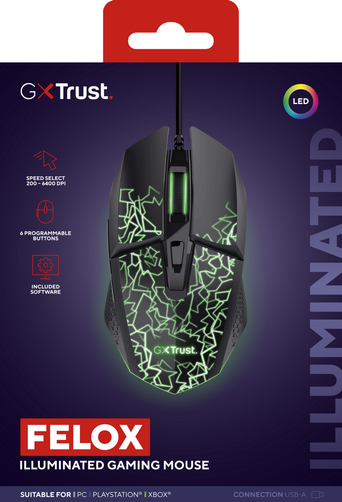 Mouse gaming GX Trust Felox nero con motivo a fulmini verdi e logo LED.