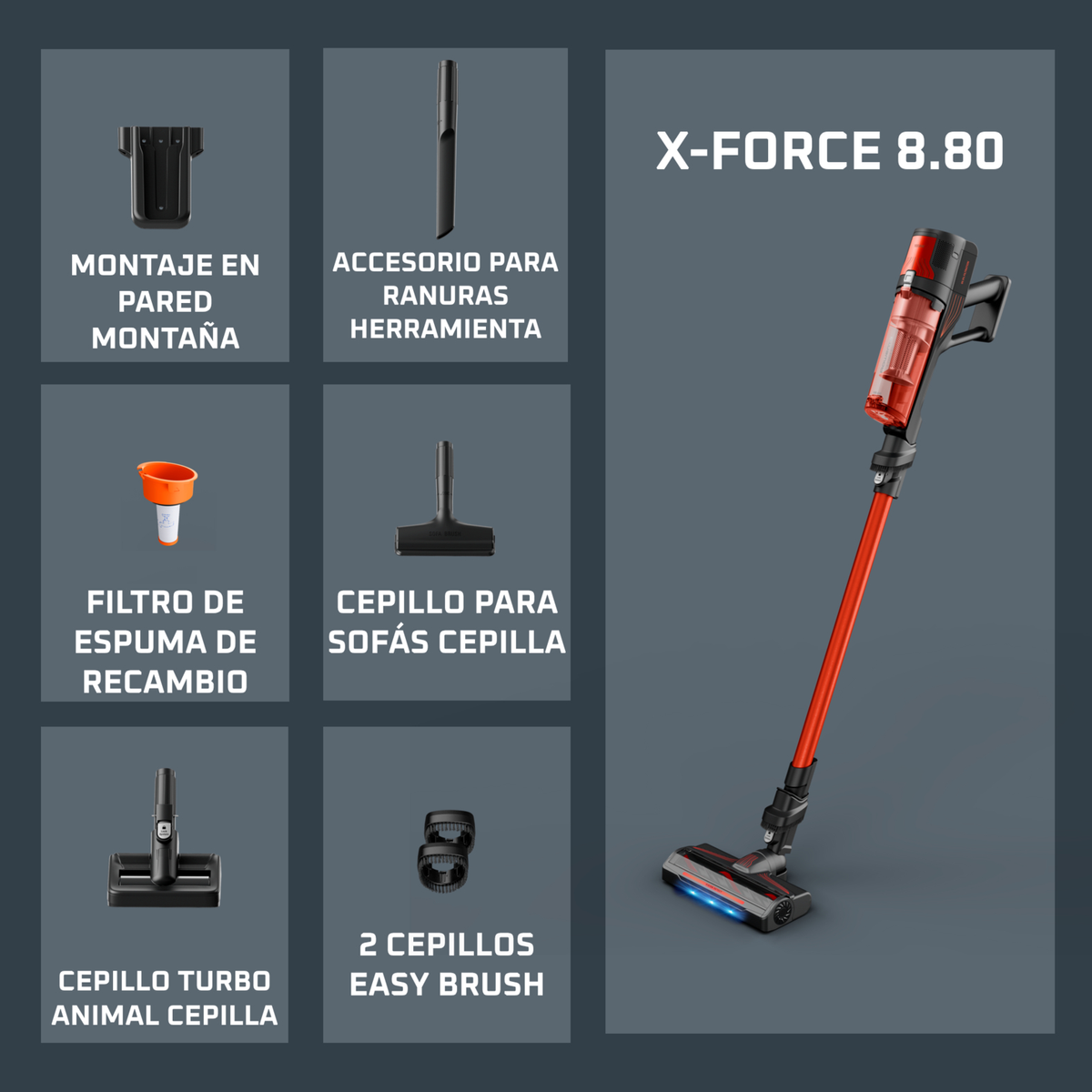 Aspirapolvere senza fili rosso e nero con accessori: supporto muro, bocchetta fessure, filtro.