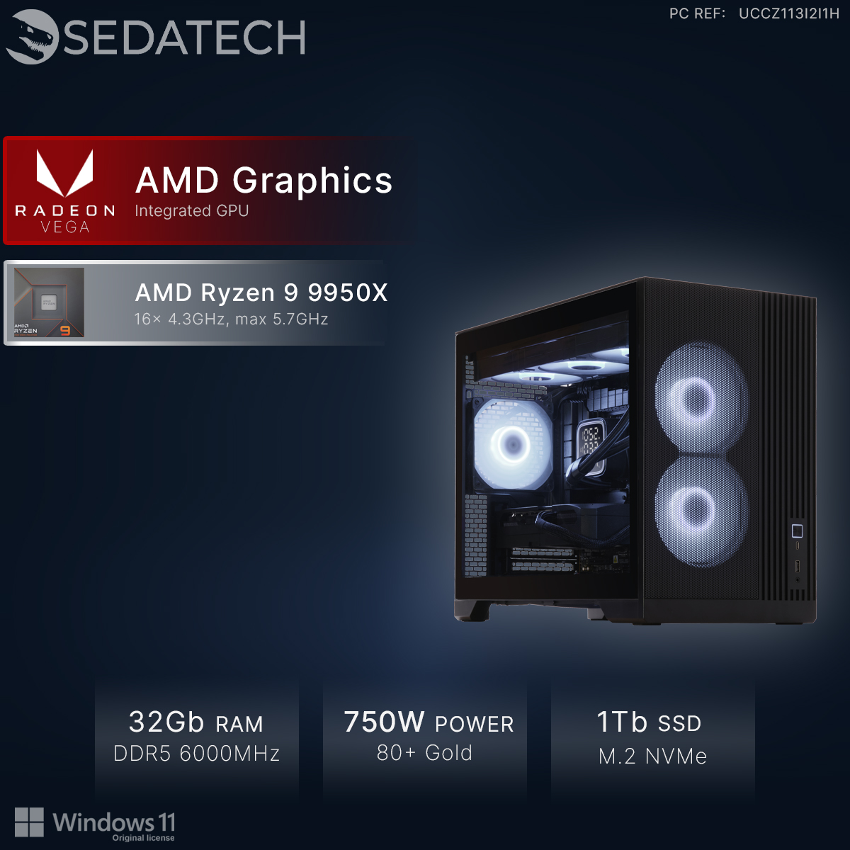 Un PC nero con AMD Ryzen 9 9950X, 32GB RAM, 1TB SSD.