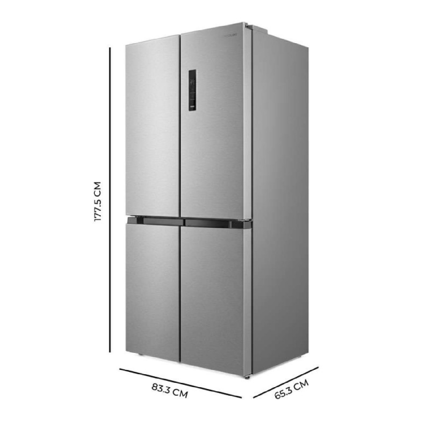 Moderno frigorifero argentato a quattro porte. Dimensioni: 177,5x83,3x65,3 cm.