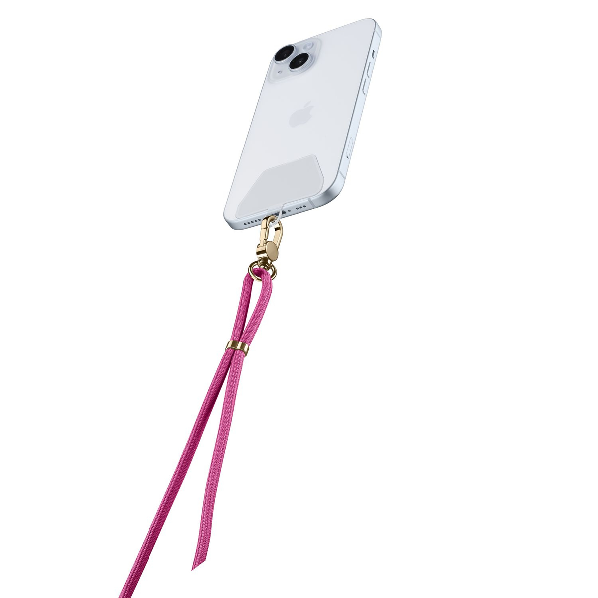 Un iPhone di colore chiaro con cinturino da polso rosa fissato da una clip dorata.