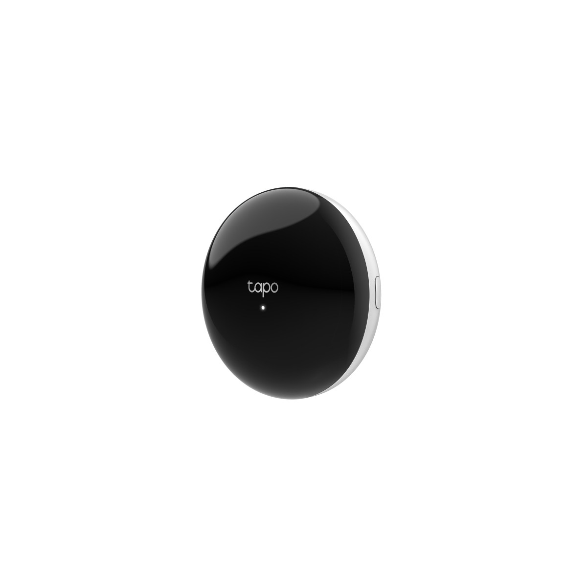 Un hub Tapo rotondo e nero con bordo argentato e un piccolo punto luminoso.