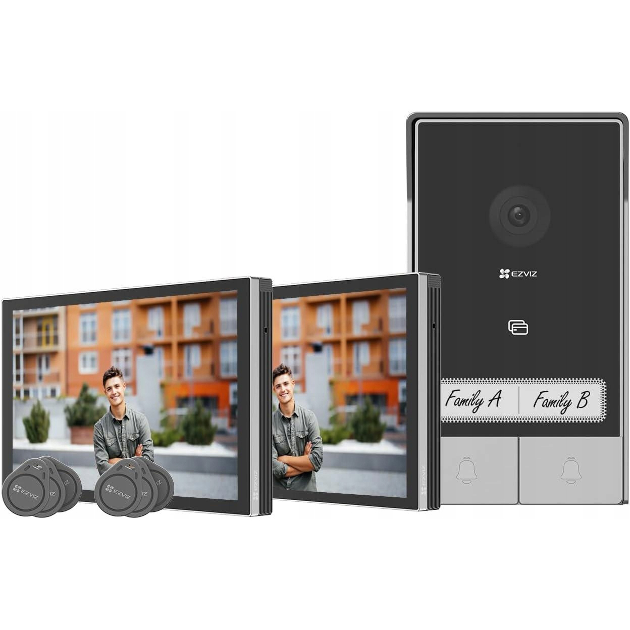 Un set de videoportero con dos monitores y una unidad exterior etiquetada "Family A" y "Family B".