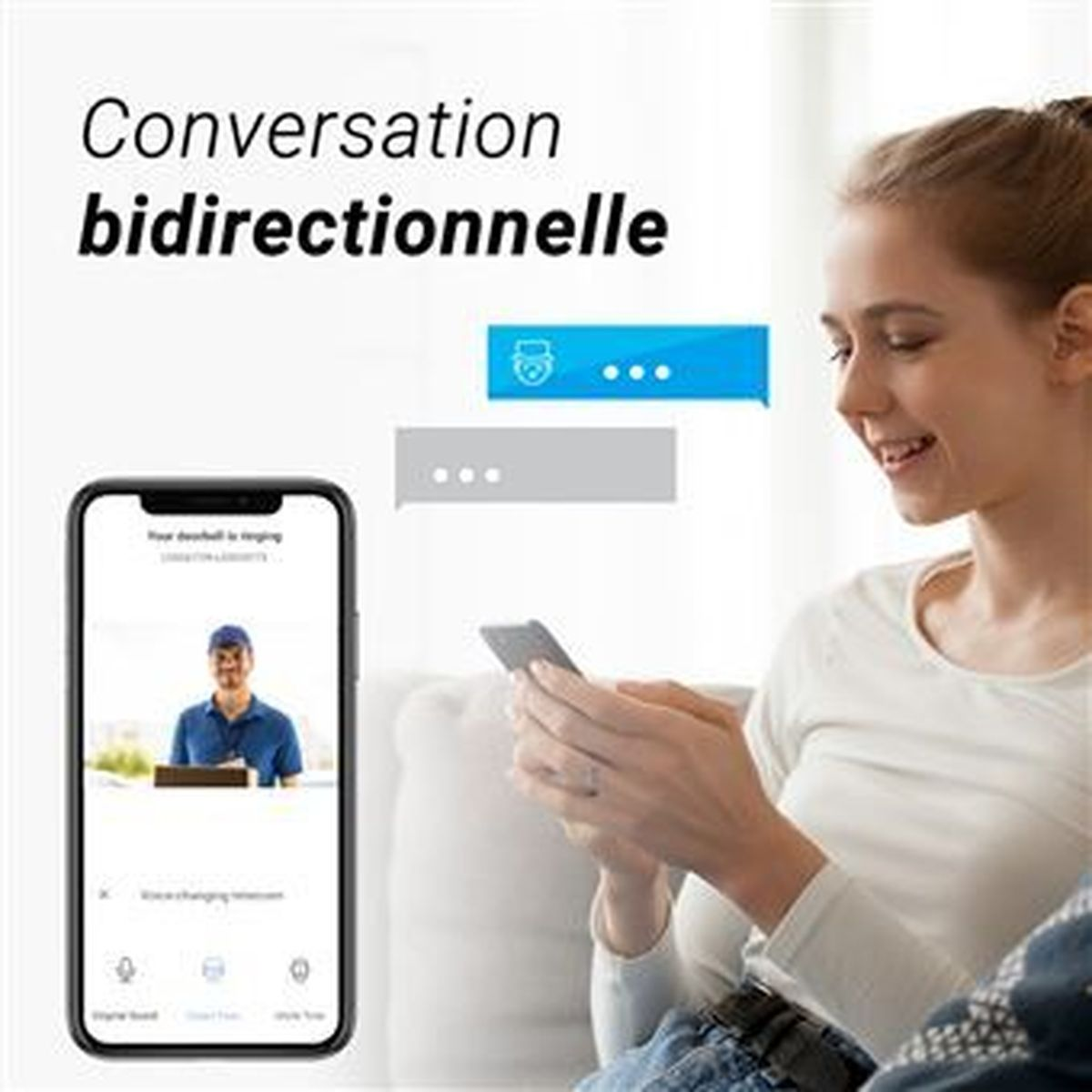 Una mujer usa su teléfono para hablar con la videollamada del timbre.