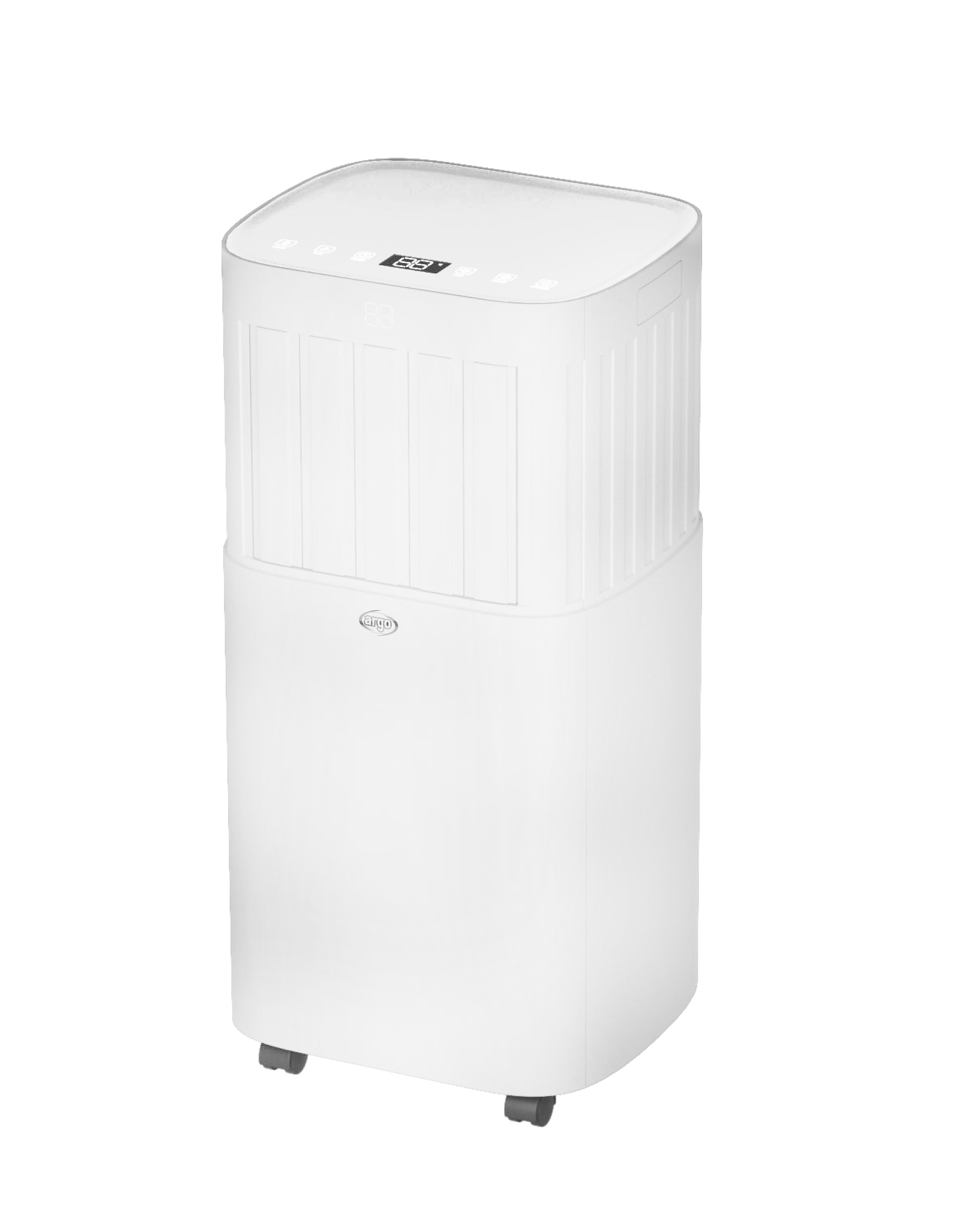 A white, portable tower air conditioner with wheels and a digital display.