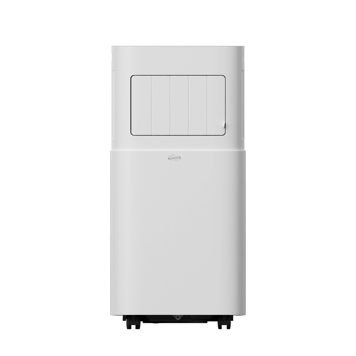 A white, rectangular dehumidifier with a vent grille at the top and a logo.