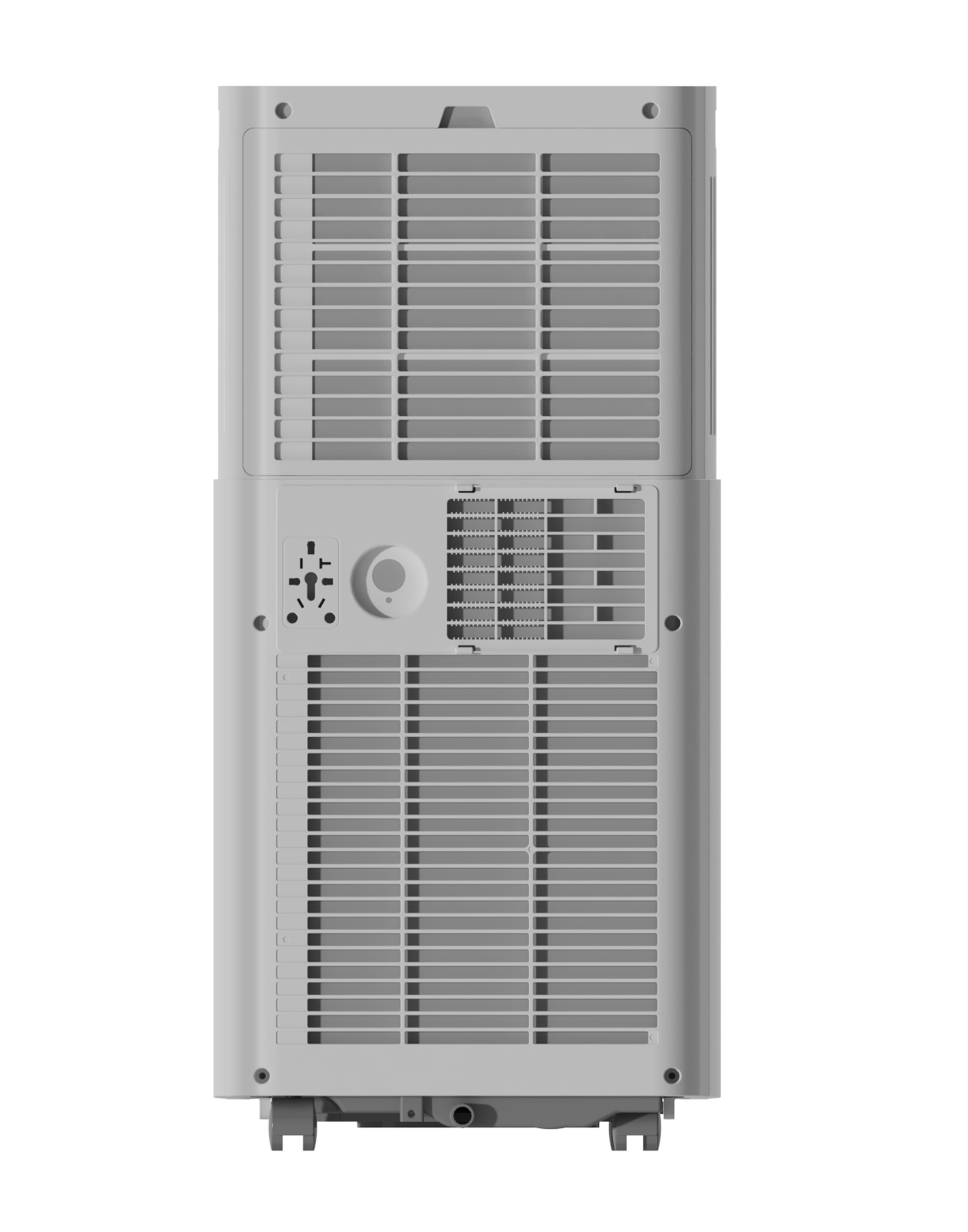 Back of a white air conditioner with vents and a universal power outlet.