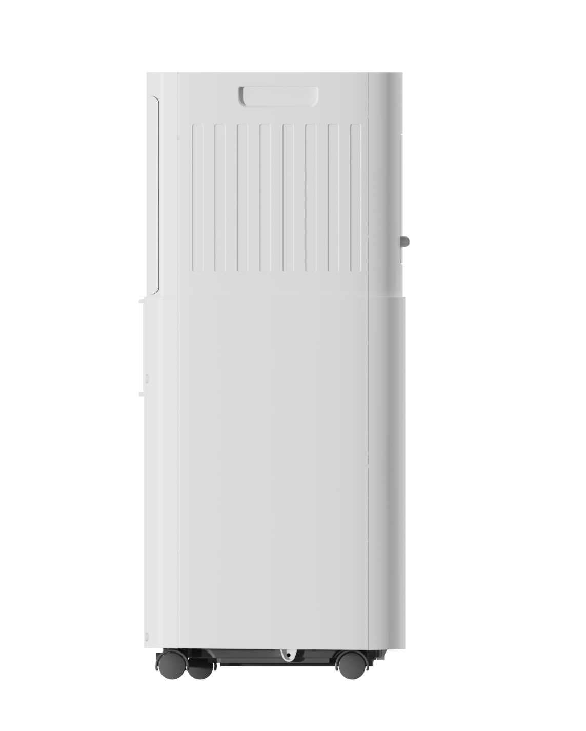 White air cooler on wheels, seen from the side.