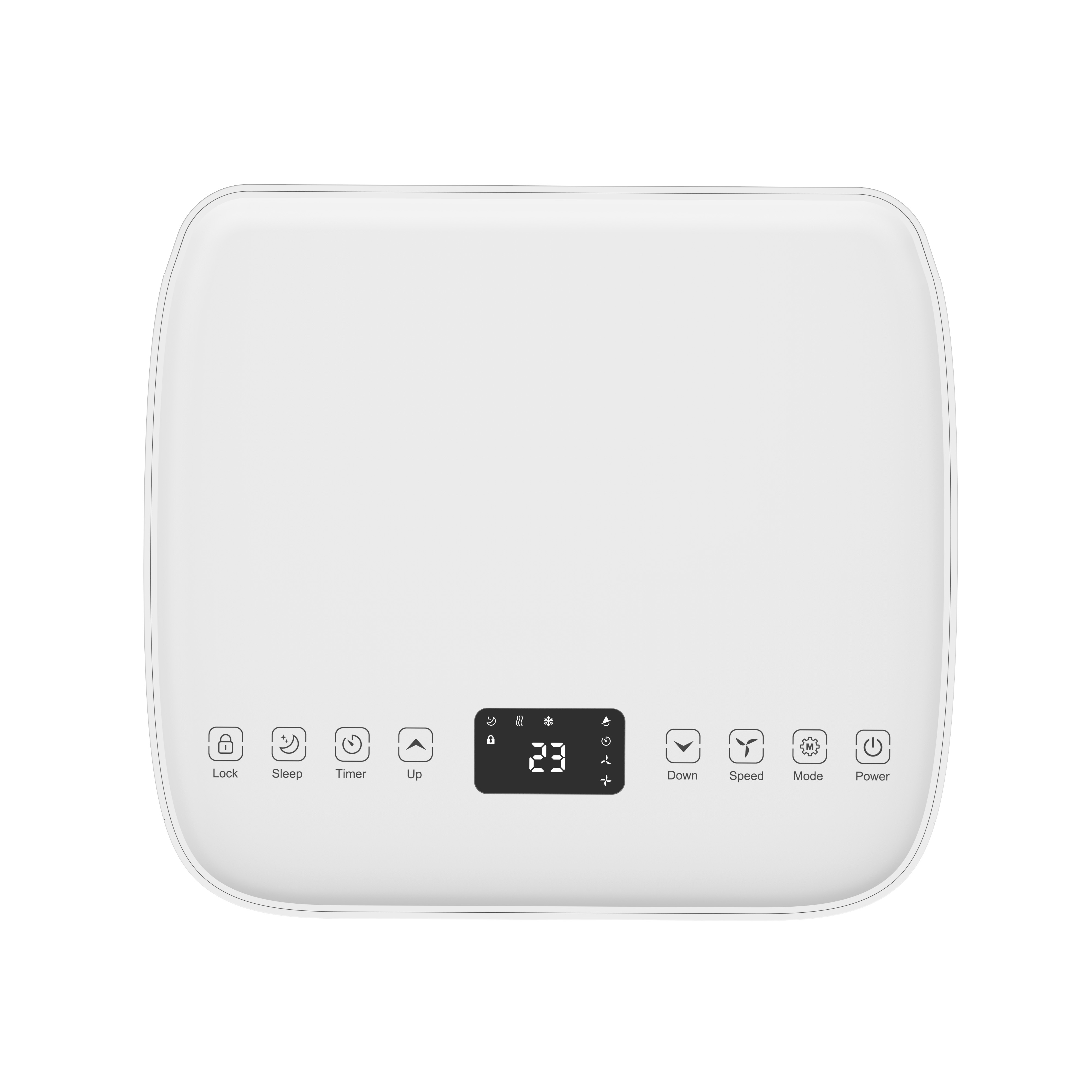 A white device with a digital display showing 23 and various icons.
