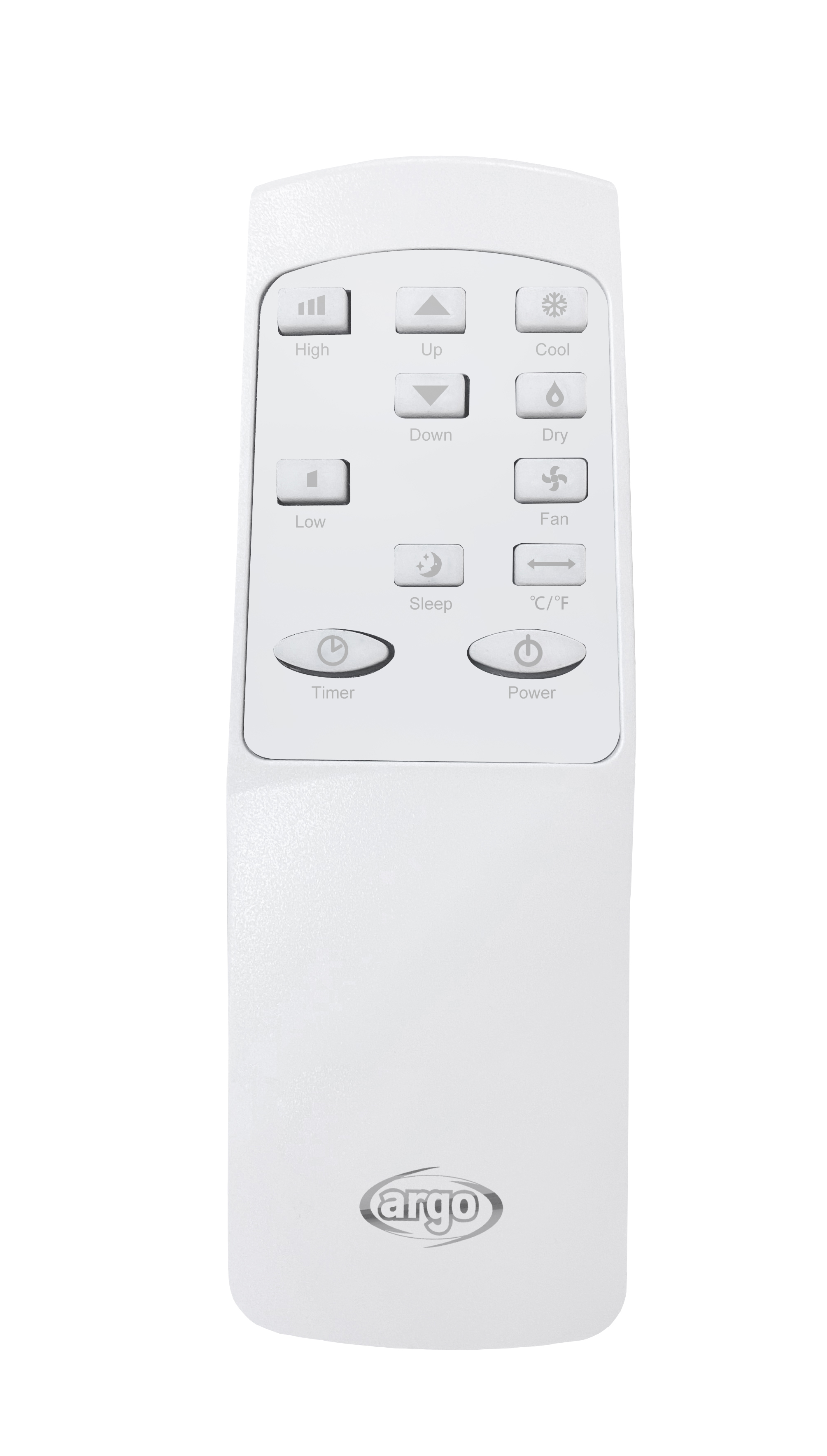 White remote control with buttons for High, Up, Cool, Low, Timer, Down, Dry, Fan, Sleep, C/F, Power. Argo logo at bottom.