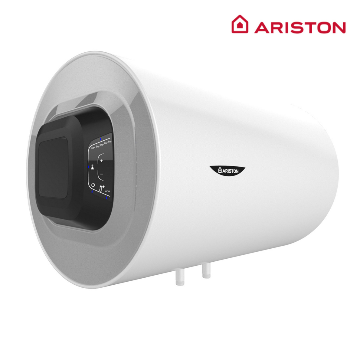 Scaldabagno Ariston bianco con pannello di controllo nero e display della temperatura.