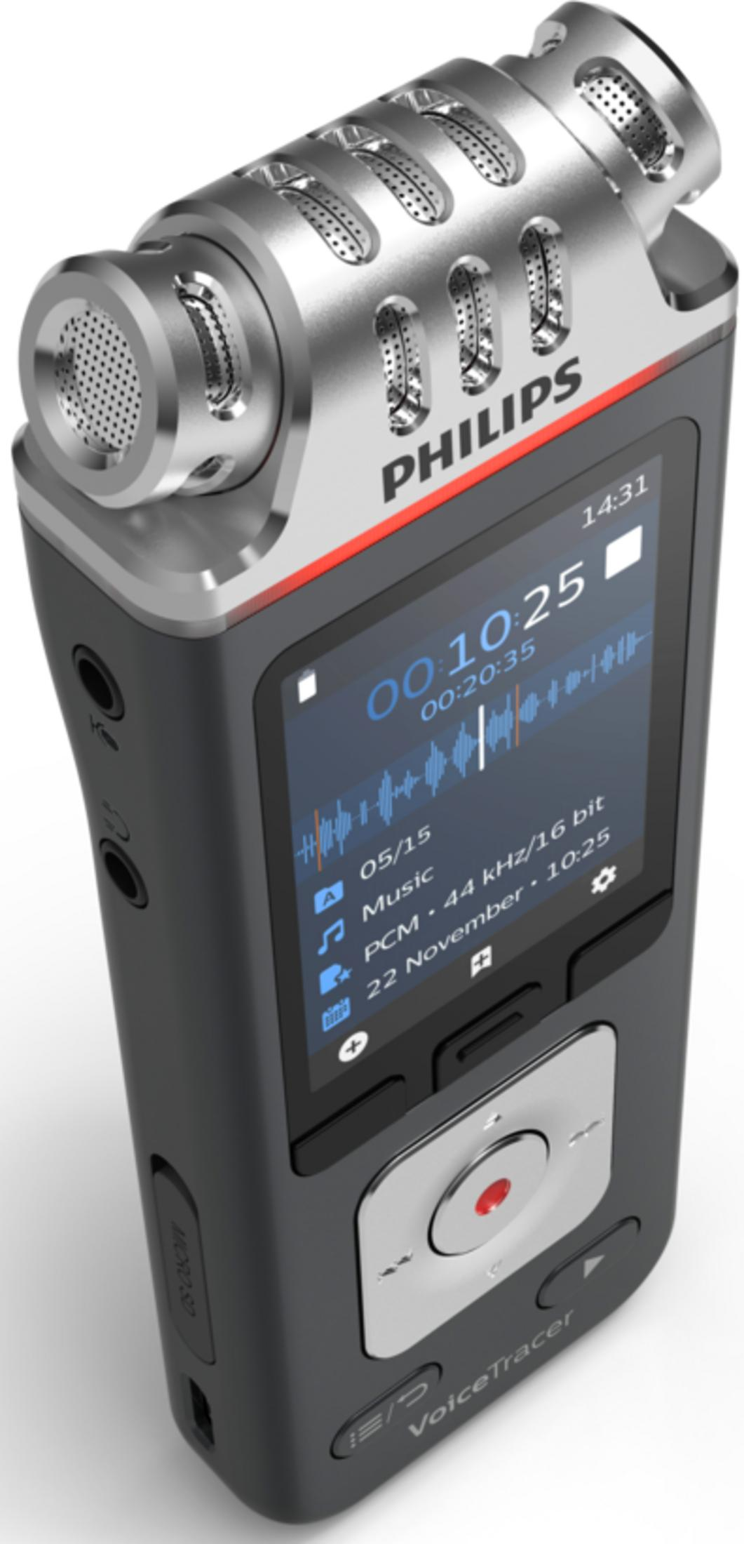 Ein schwarzer Philips VoiceTracer mit silbernem Mikrofonkopf und Bildschirm.