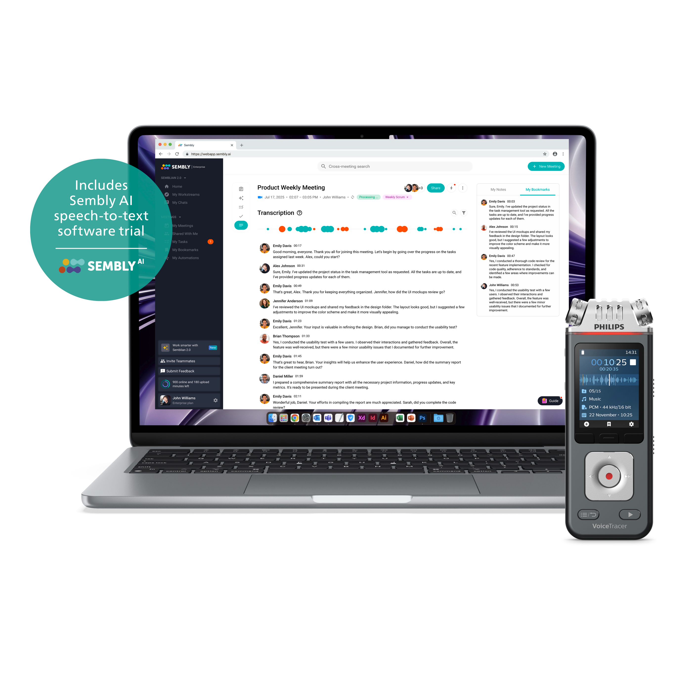 Laptop zeigt Sembly AI-Transkriptionssoftware; daneben ein Philips VoiceTracer-Aufnahmegerät.