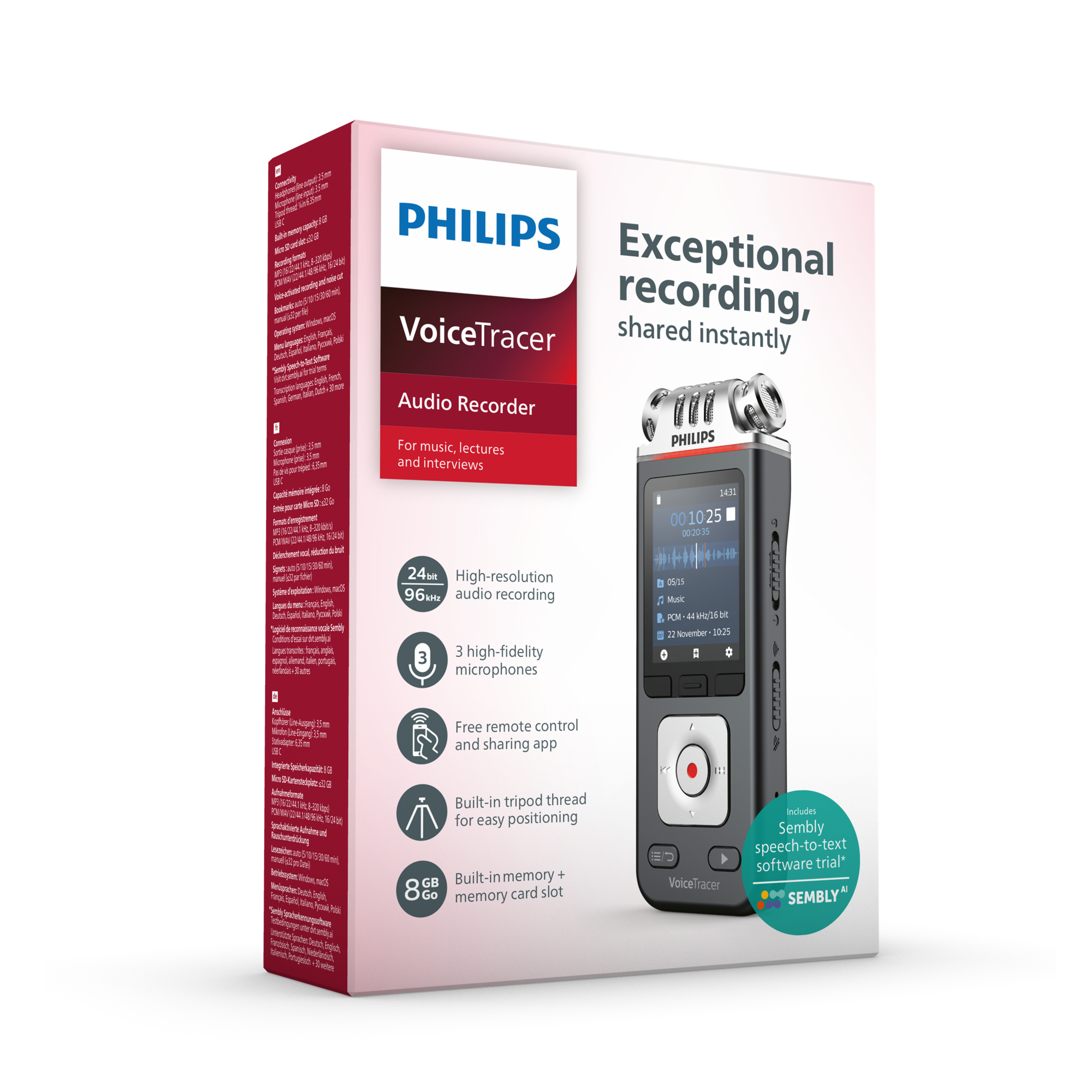 Philips VoiceTracer mit 24bit/96kHz Audioaufnahme, 3 Mikrofonen und 8GB Speicher.
