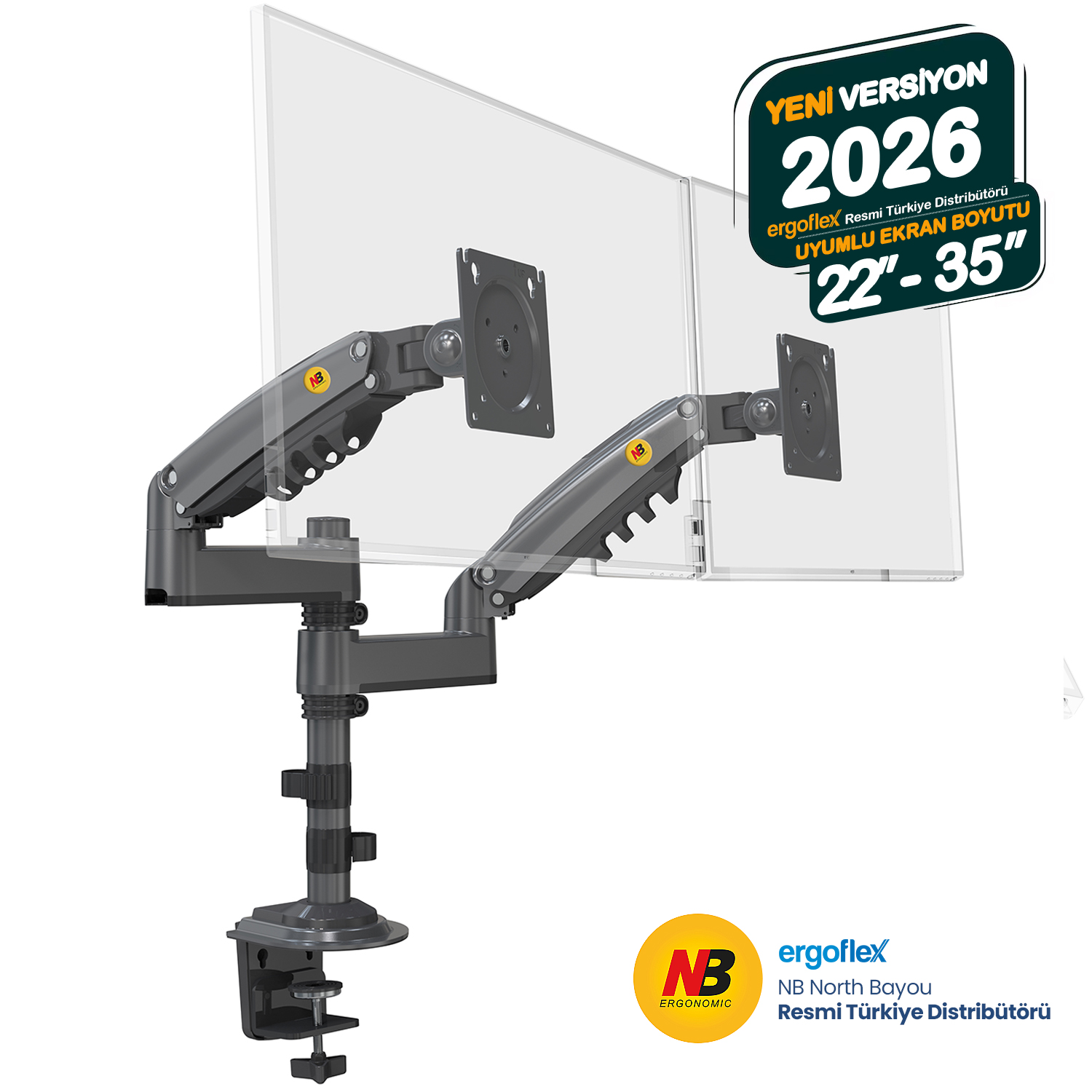 Kelepçeli tabanlı gri çift monitör kolu ve iki şeffaf ekran.
