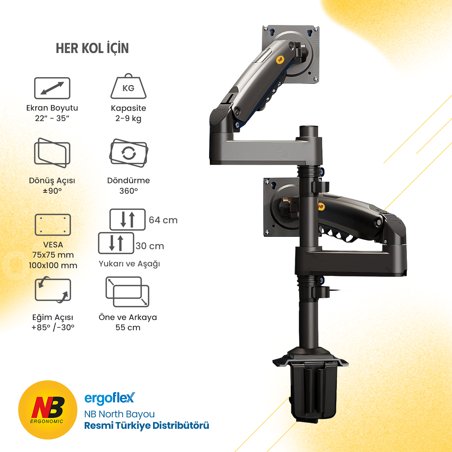 Ekran boyutu, kapasite, açılar ve VESA ölçüleri için özelliklere sahip monitör kolu.