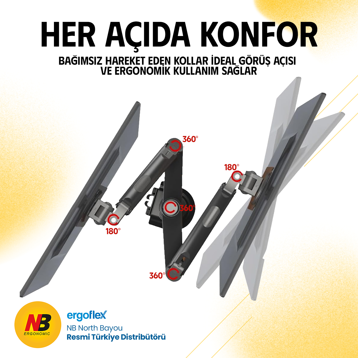 180° ve 360° hareketleri gösteren ayarlanabilir çift monitör kolu.