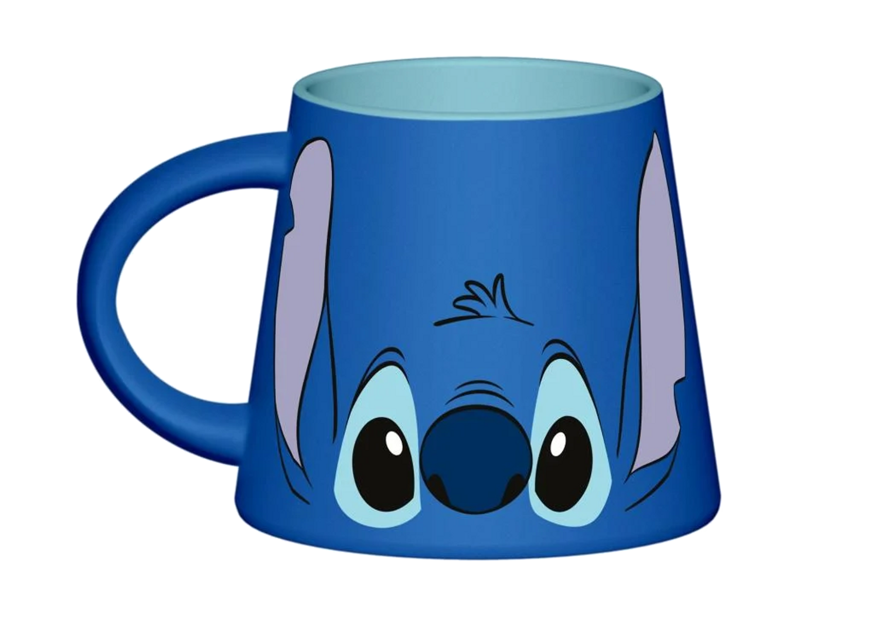 Una taza azul con la cara de Stitch, completa con ojos y orejas grandes.