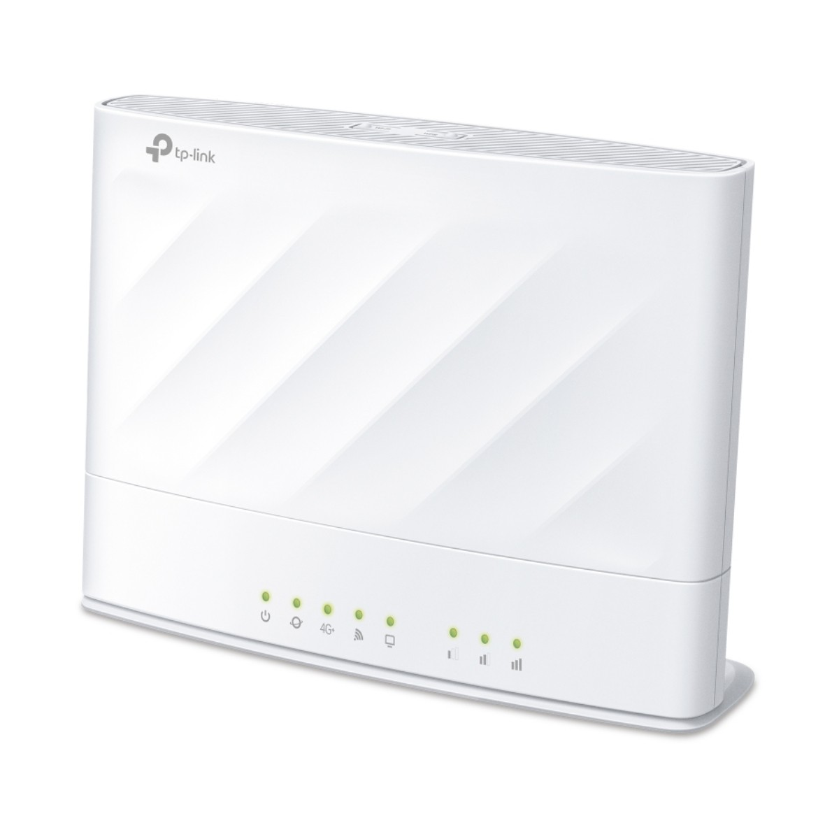 Un router TP-Link bianco con linee diagonali e spie luminose.