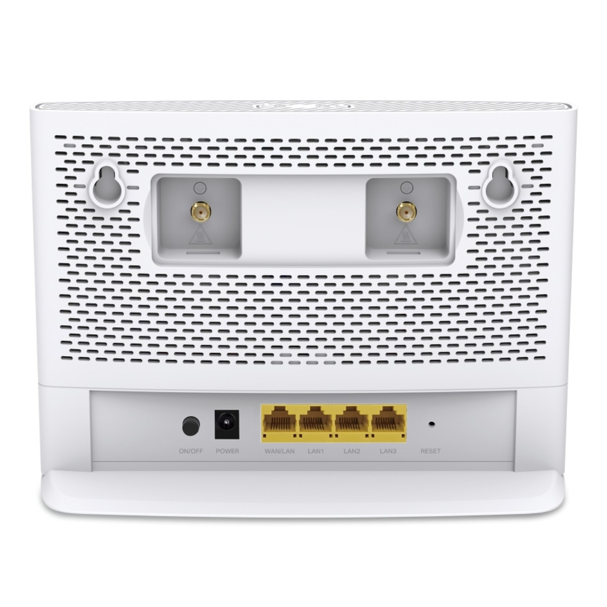 Retro di un router bianco con porte di alimentazione, WAN/LAN, LAN1, LAN2, LAN3 e reset.