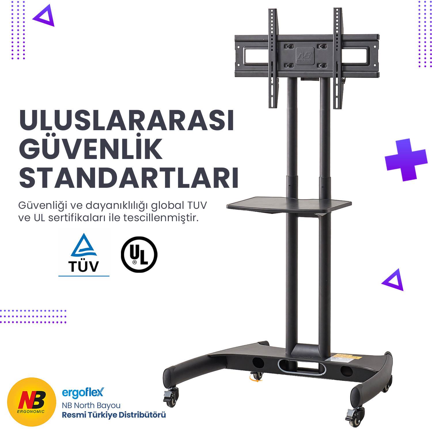 TUV ve UL sertifikalarını gösteren tekerlekli siyah TV sehpası.
