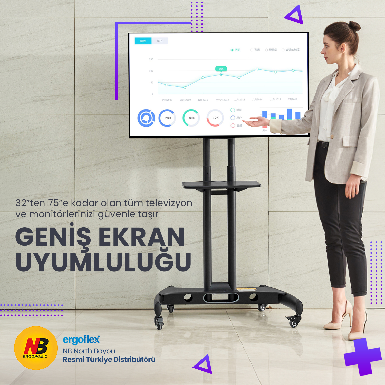 Bir kadın, ekranda grafik gösteren mobil bir monitör standının yanında duruyor.