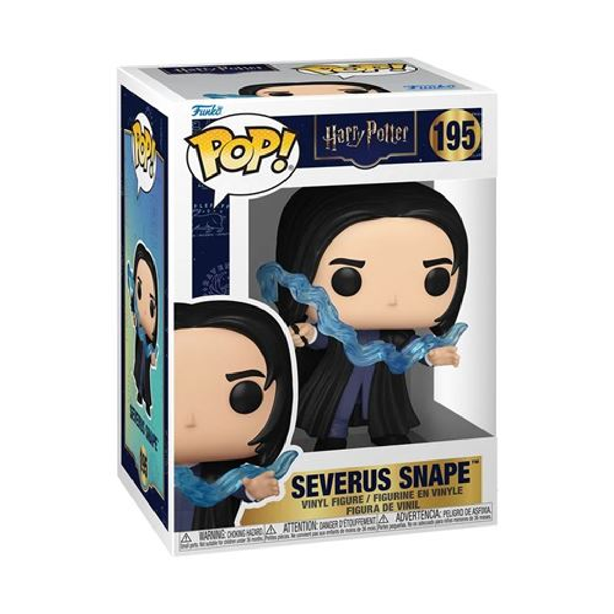 Figura Funko Pop! Severus Snape en caja Harry Potter, con magia azul.