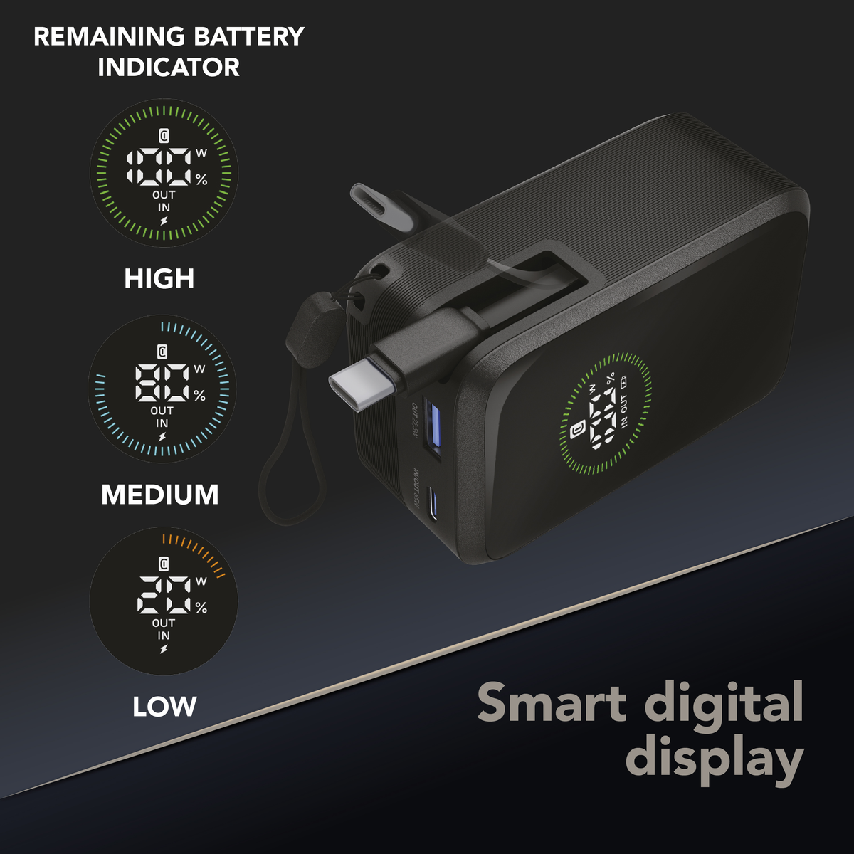 Schwarzes Powerbank mit USB-C-Kabel und digitaler Anzeige, die den Akkustand anzeigt.