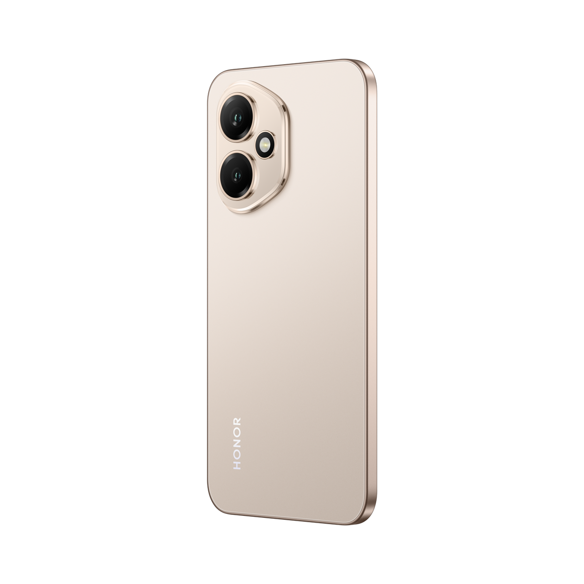 Uno smartphone dorato con doppia fotocamera e logo HONOR su sfondo nero.