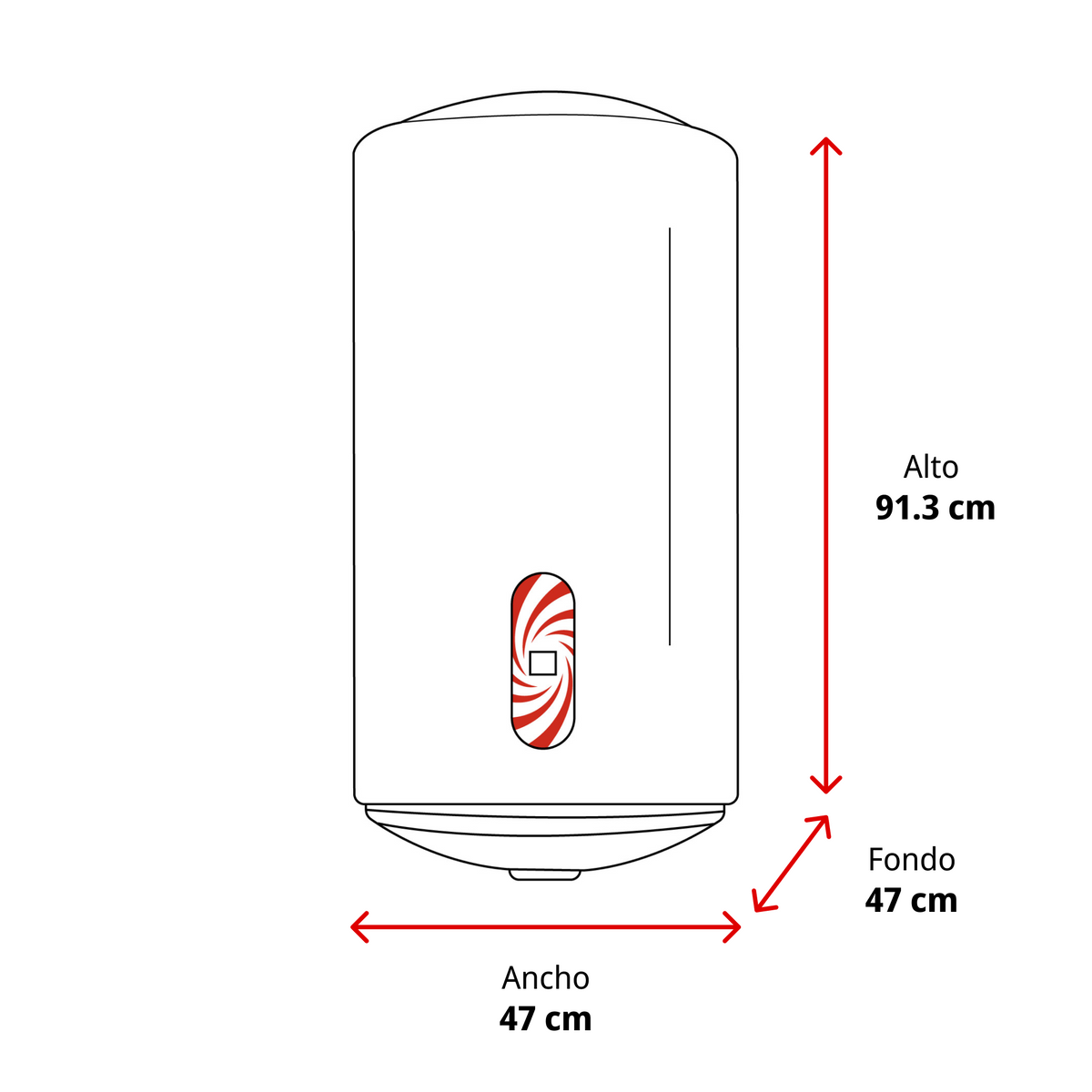 Un scaldabagno cilindrico con dimensioni: Altezza 91,3 cm, Larghezza 47 cm, Profondità 47 cm.
