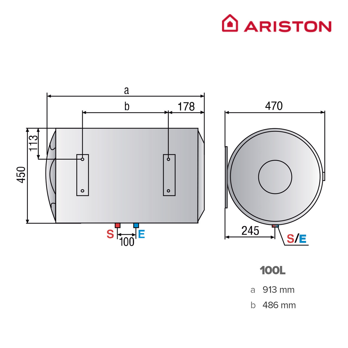 Disegno tecnico di uno scaldabagno Ariston da 100L con dimensioni.