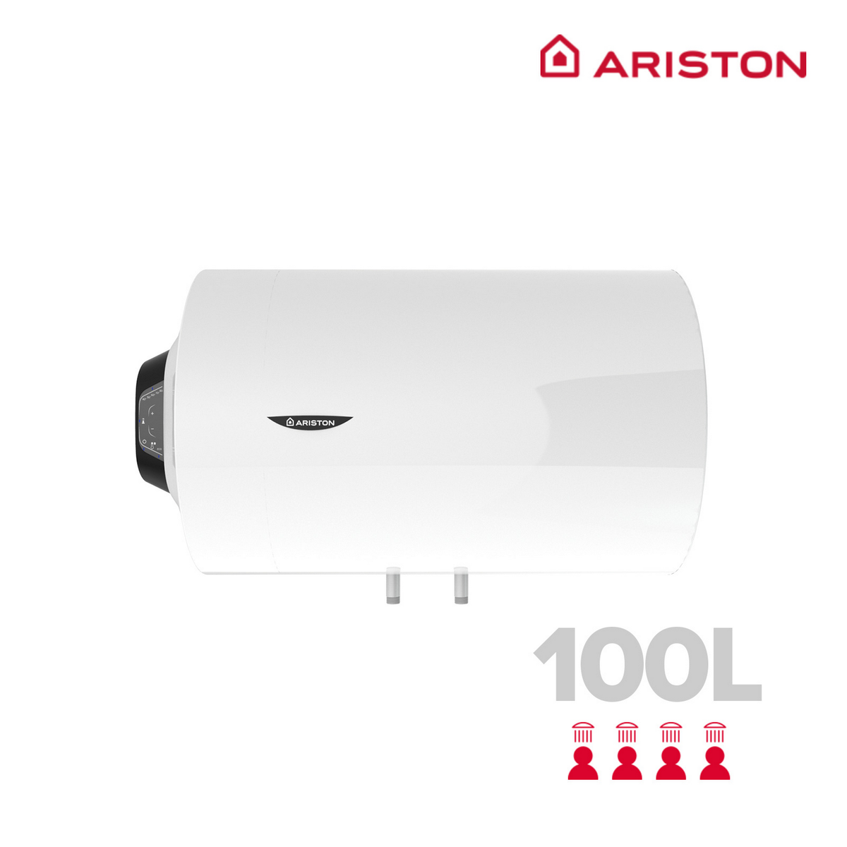 Scaldabagno Ariston bianco da 100L con display digitale e icona 4 persone.