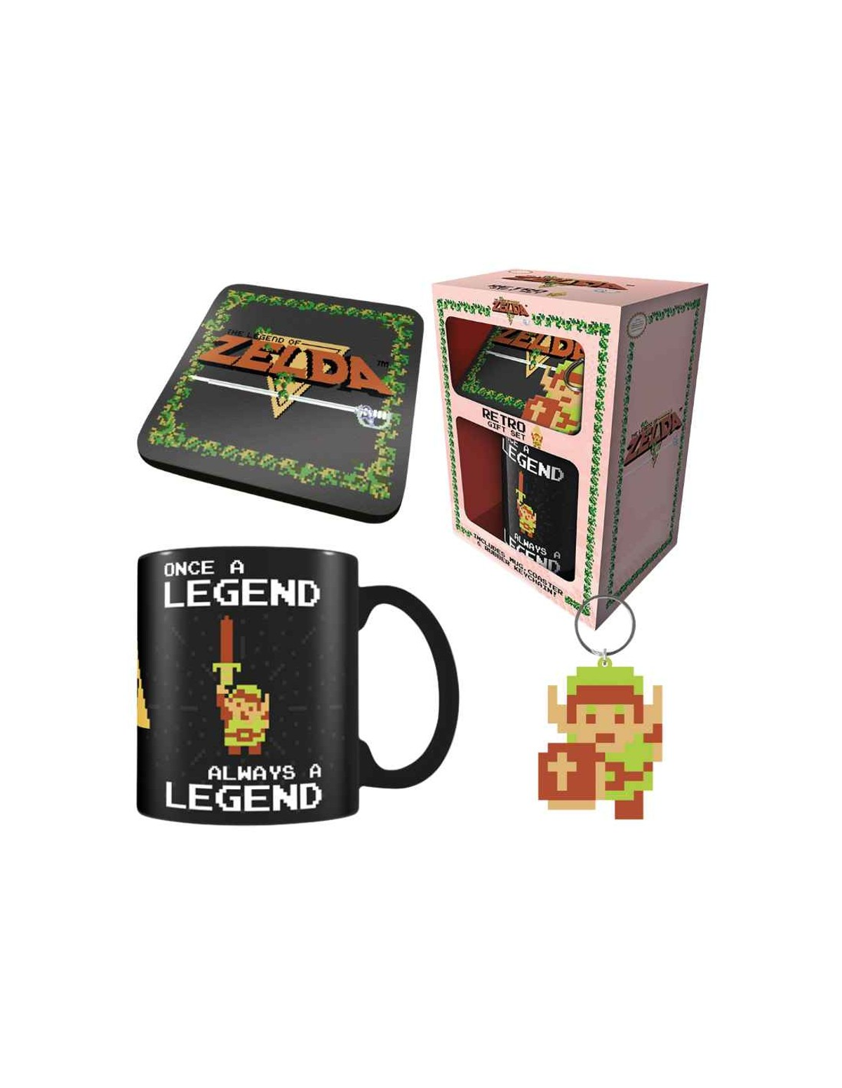 Set de regalo Legend of Zelda: taza, posavasos, caja de regalo y llavero de Link.