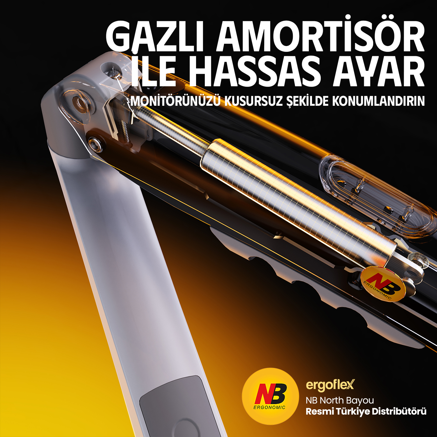 Gazlı amortisörlü monitör kolu, hassas ayar, detaylı gösterim.
