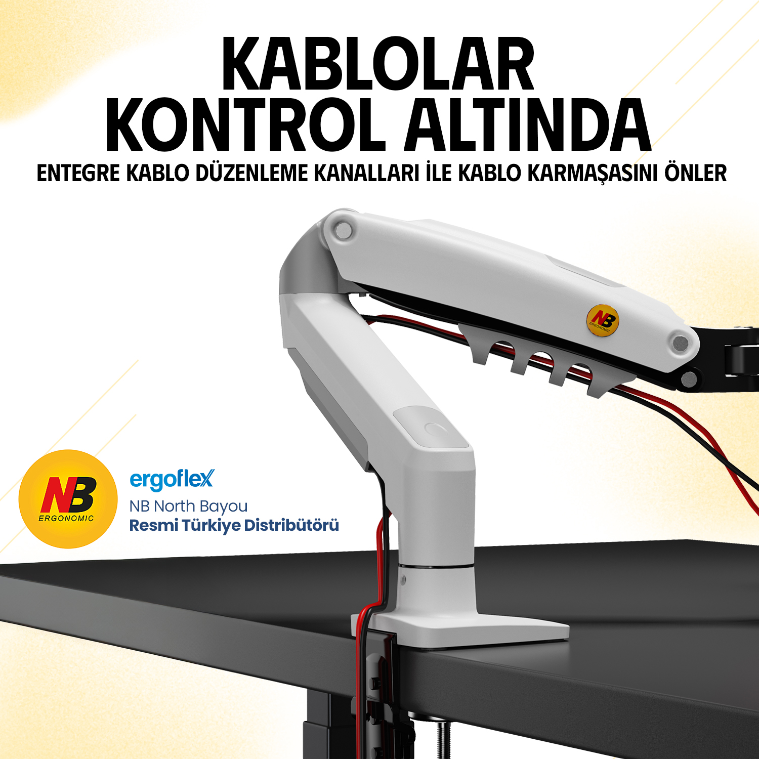 Siyah masaya takılı kablolu beyaz kol, üzerinde Türkçe metin.