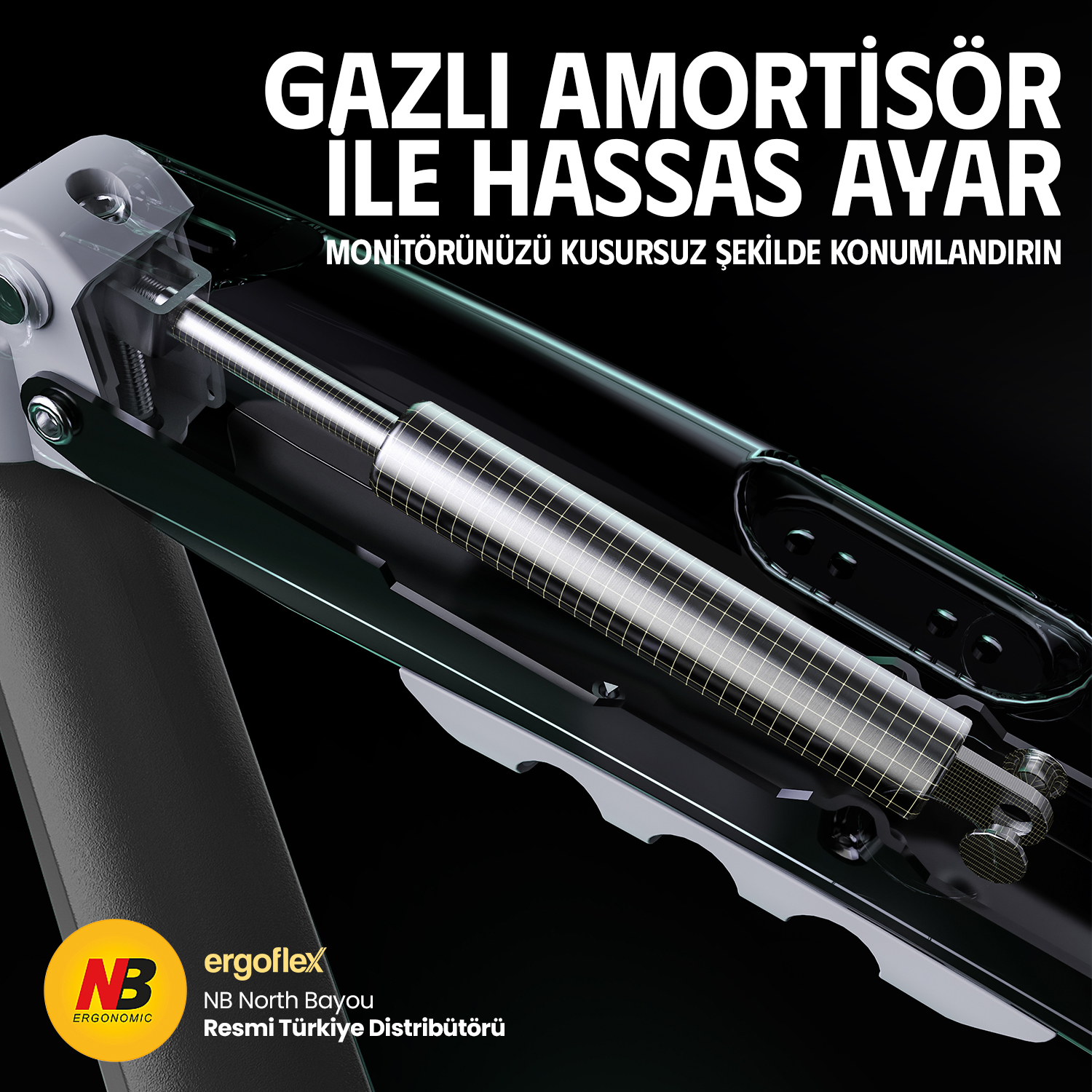 Gazlı amortisörlü monitör kolu mekanizmasının yakın plan detayı.