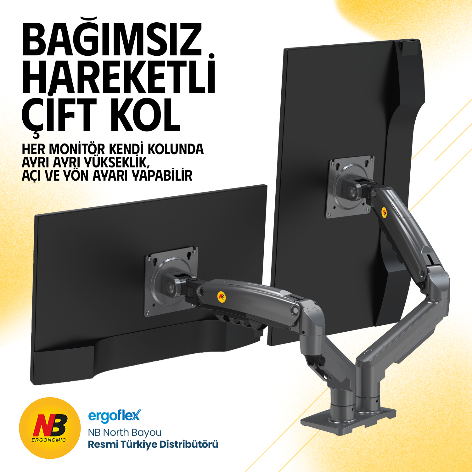 NB logolu esnek çift kollu stant üzerinde iki siyah monitör.