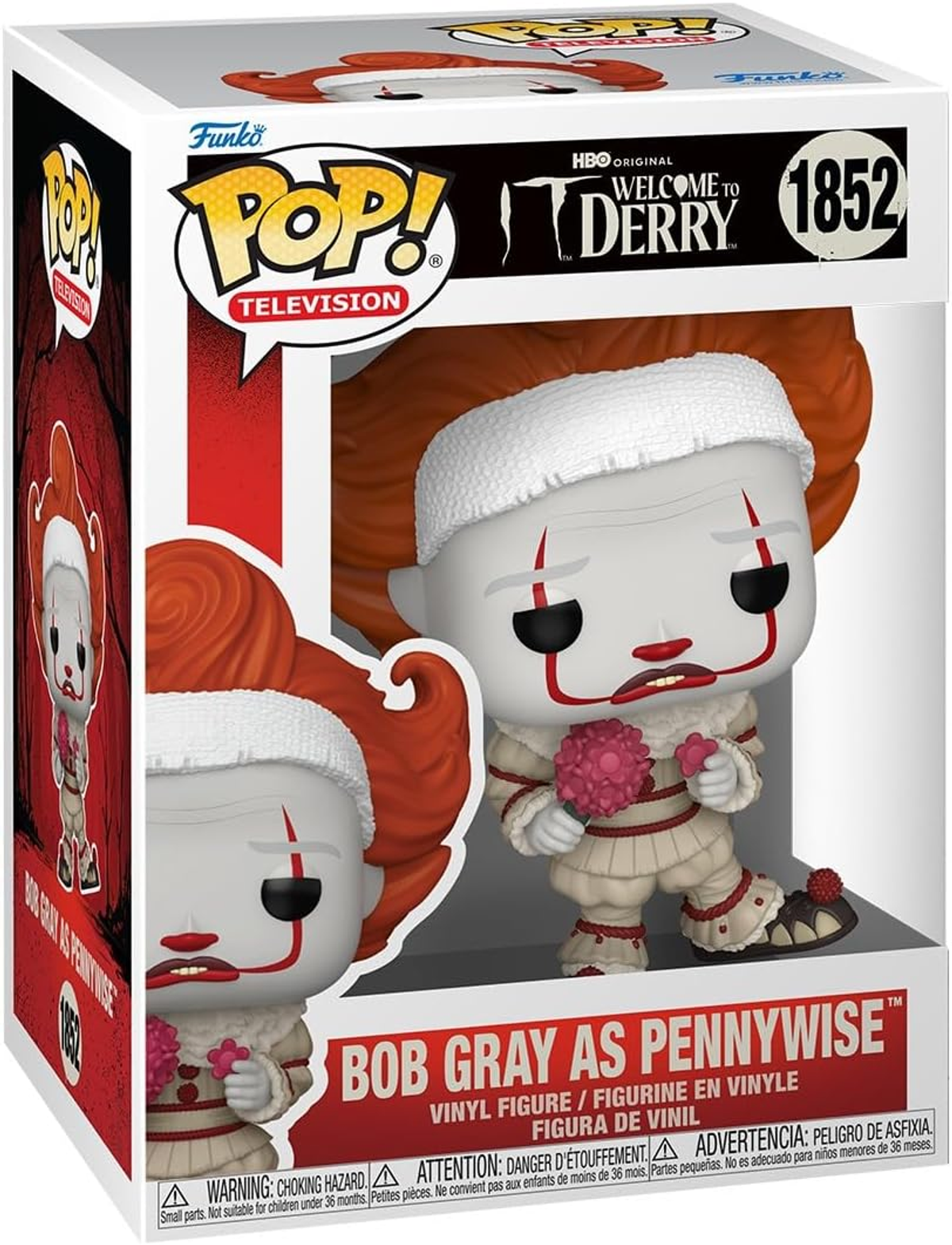 Figura Funko Pop! de Pennywise de Welcome to Derry sosteniendo una flor rosa.