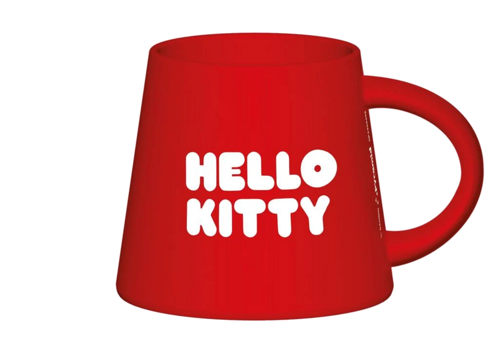 Una taza roja de Hello Kitty con texto blanco sobre fondo negro.