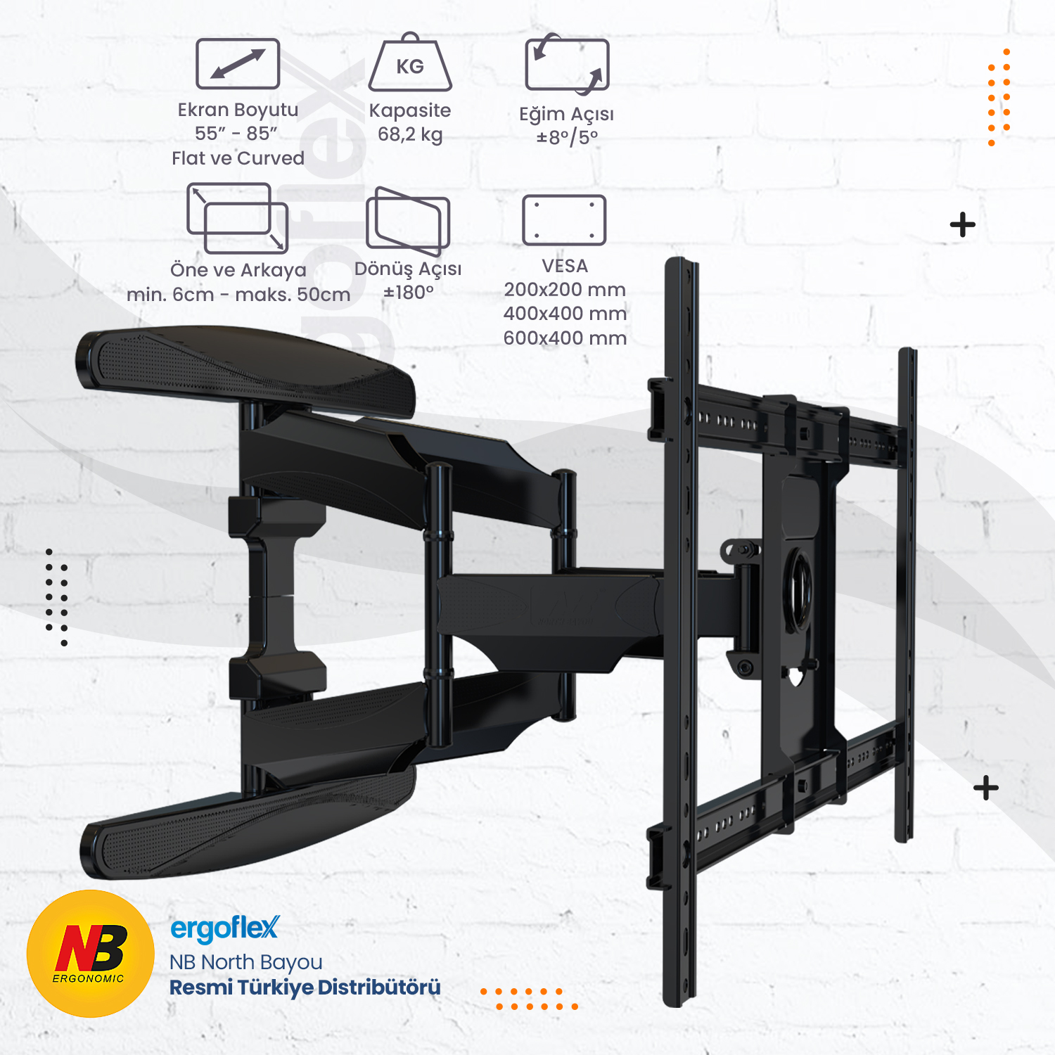 55-85 inç ekranlar için siyah TV duvar montaj aparatı, 68,2 kg kapasite.
