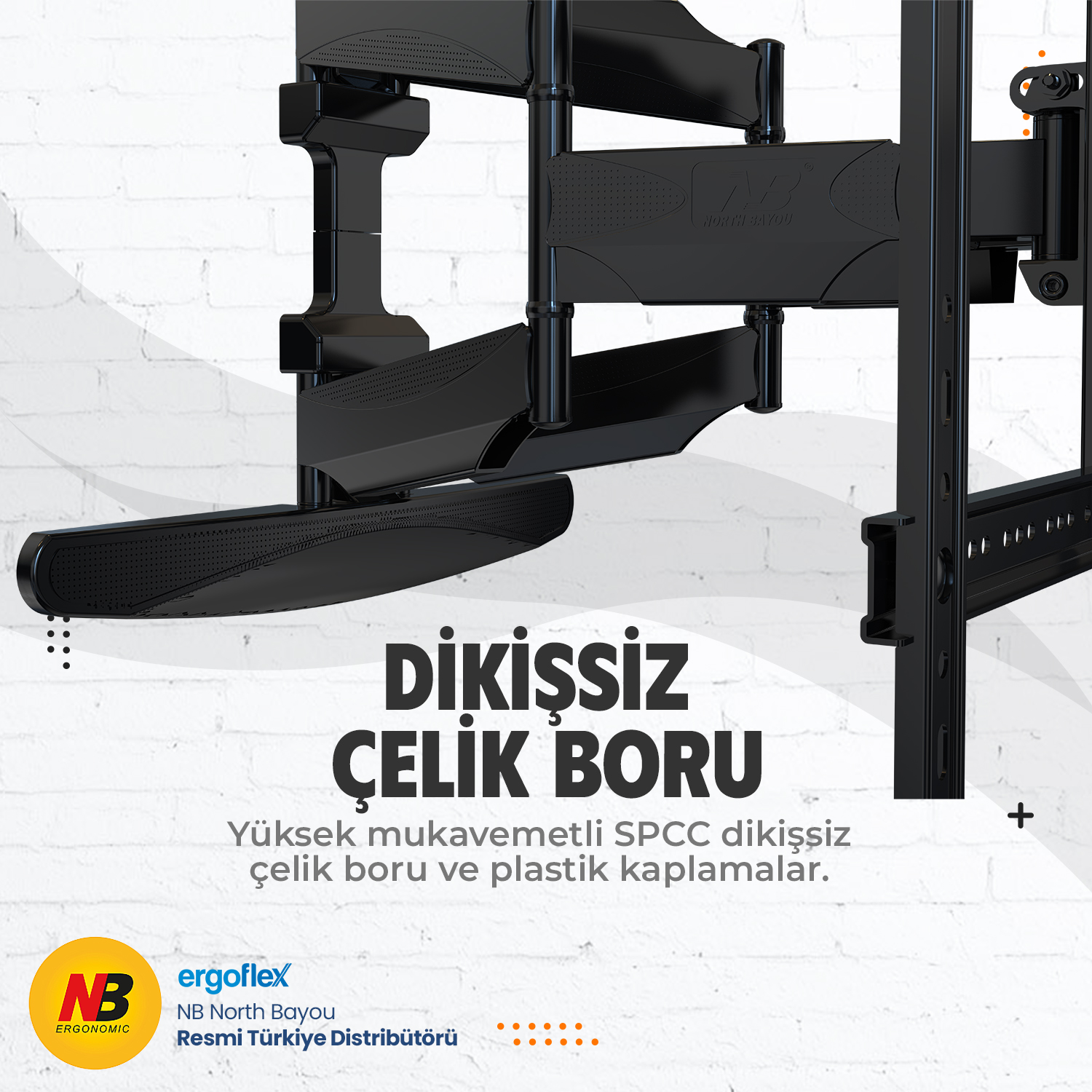 Siyah TV duvar montaj aparatı, beyaz tuğla duvara karşı ayarlanabilir kollar.