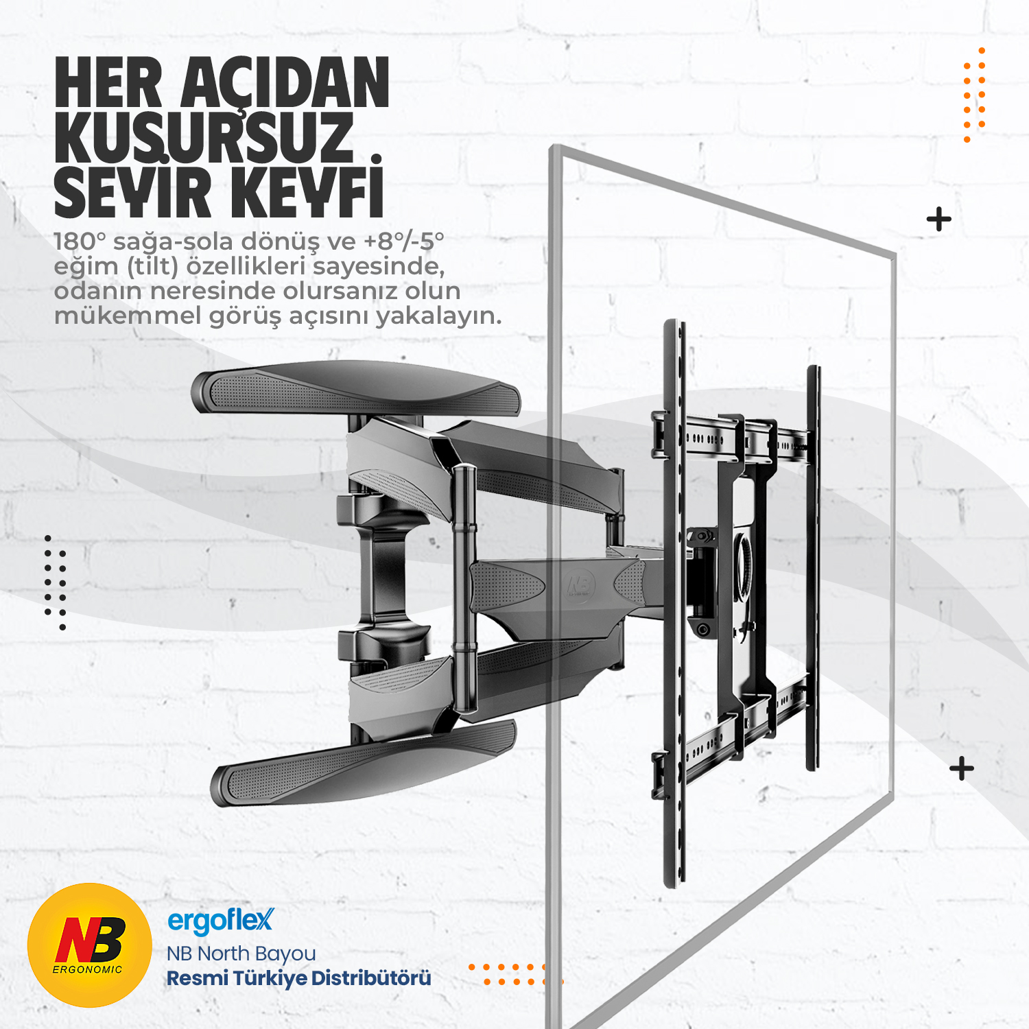 180 derece dönebilen ve eğimli TV duvar askı aparatı.