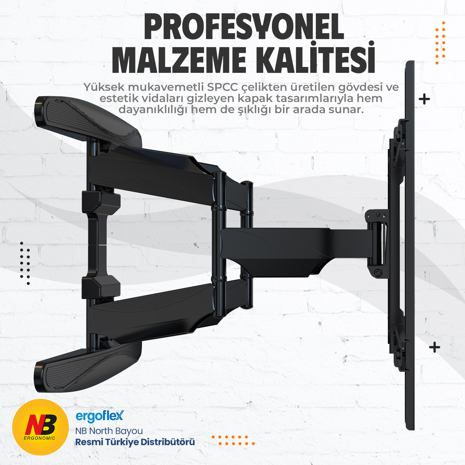 Duvar braketine monte edilmiş siyah metal çift kollu monitör askısı. Yazılı ve logolu.