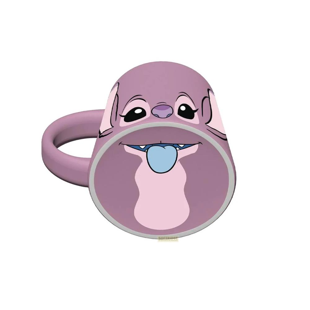 Taza morada con cara y lengua azul, como un personaje de dibujos animados.