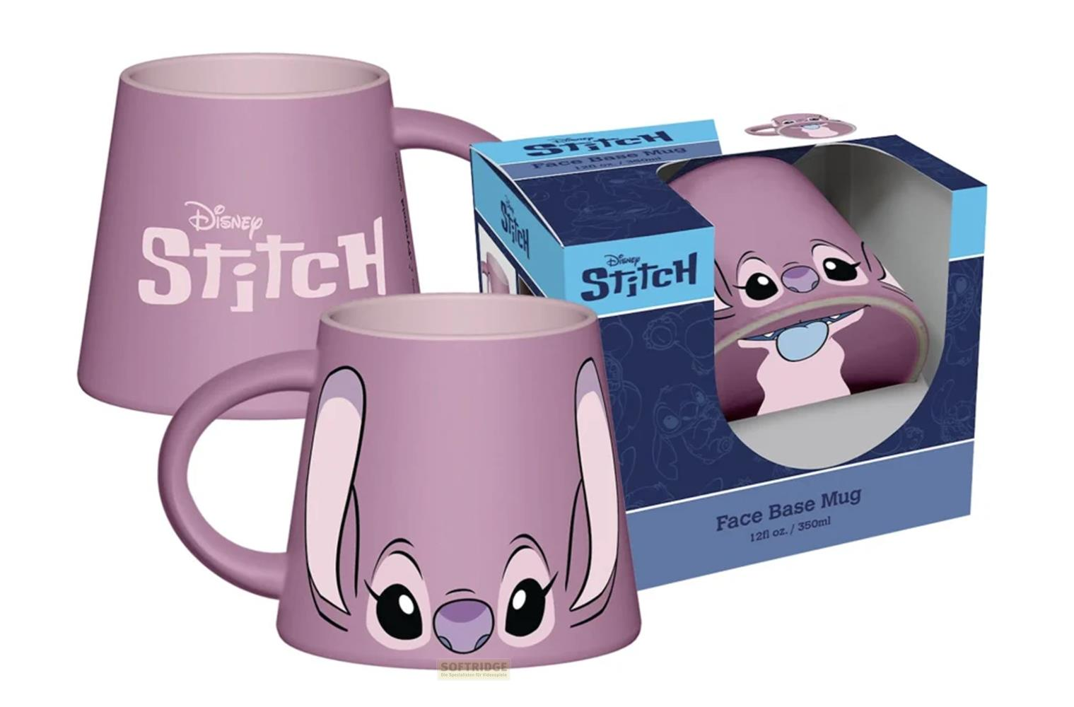 Taza morada de Stitch con logo de Disney y embalaje.