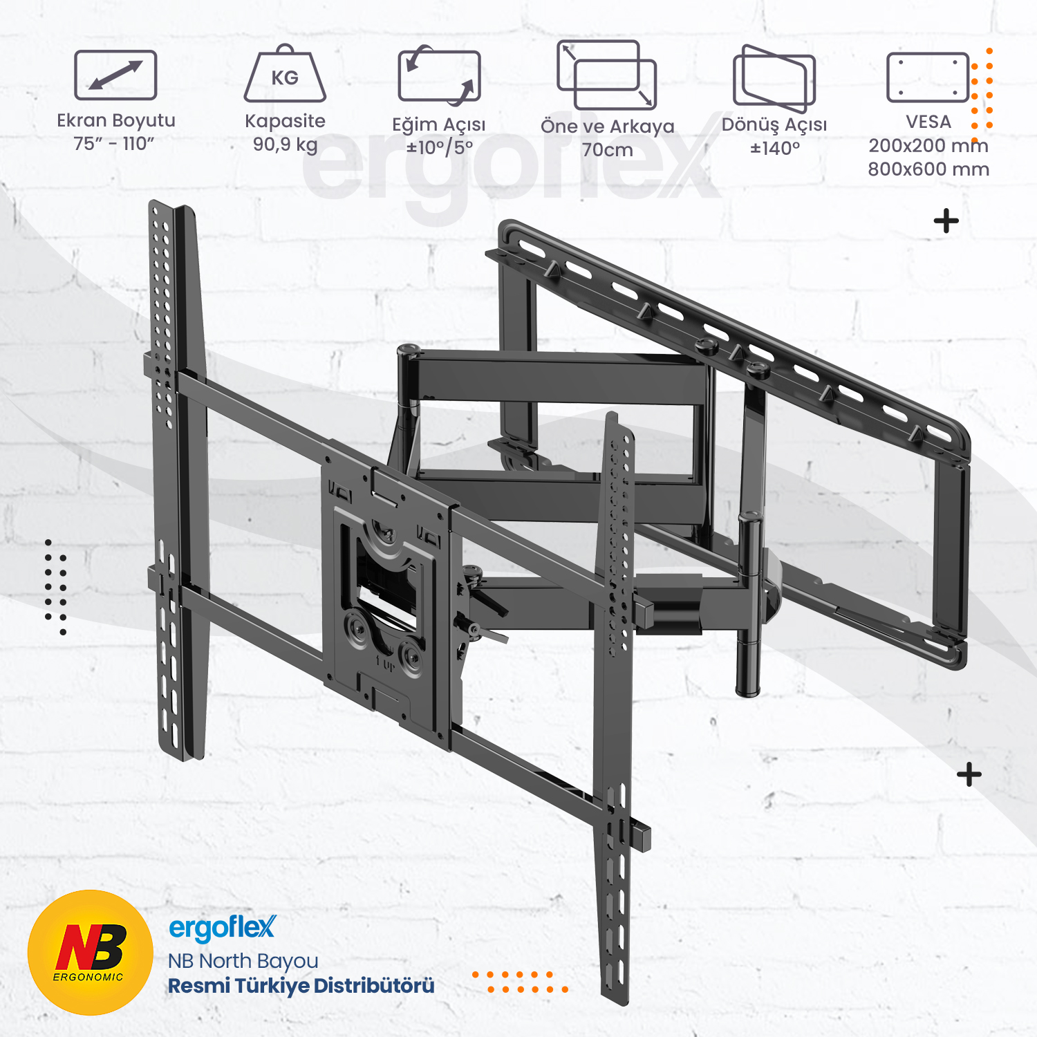 75-110" ekranlar için siyah TV askısı, 90,9 kg kapasite, eğilebilir.