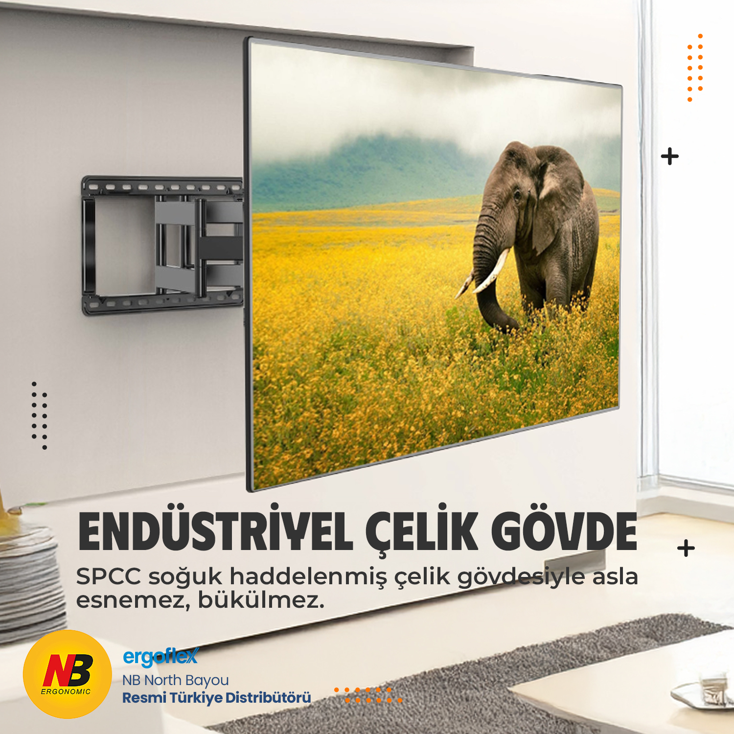 Dağların önünde sarı çiçekli bir tarlada duran fil.