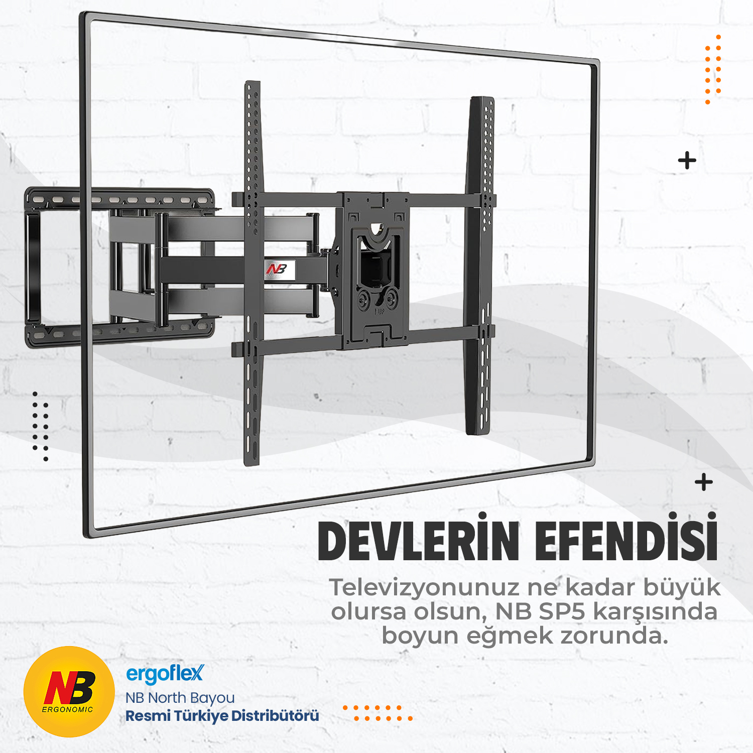Siyah, mafsallı TV duvar askısı, beyaz tuğla duvarın önünde sergileniyor.
