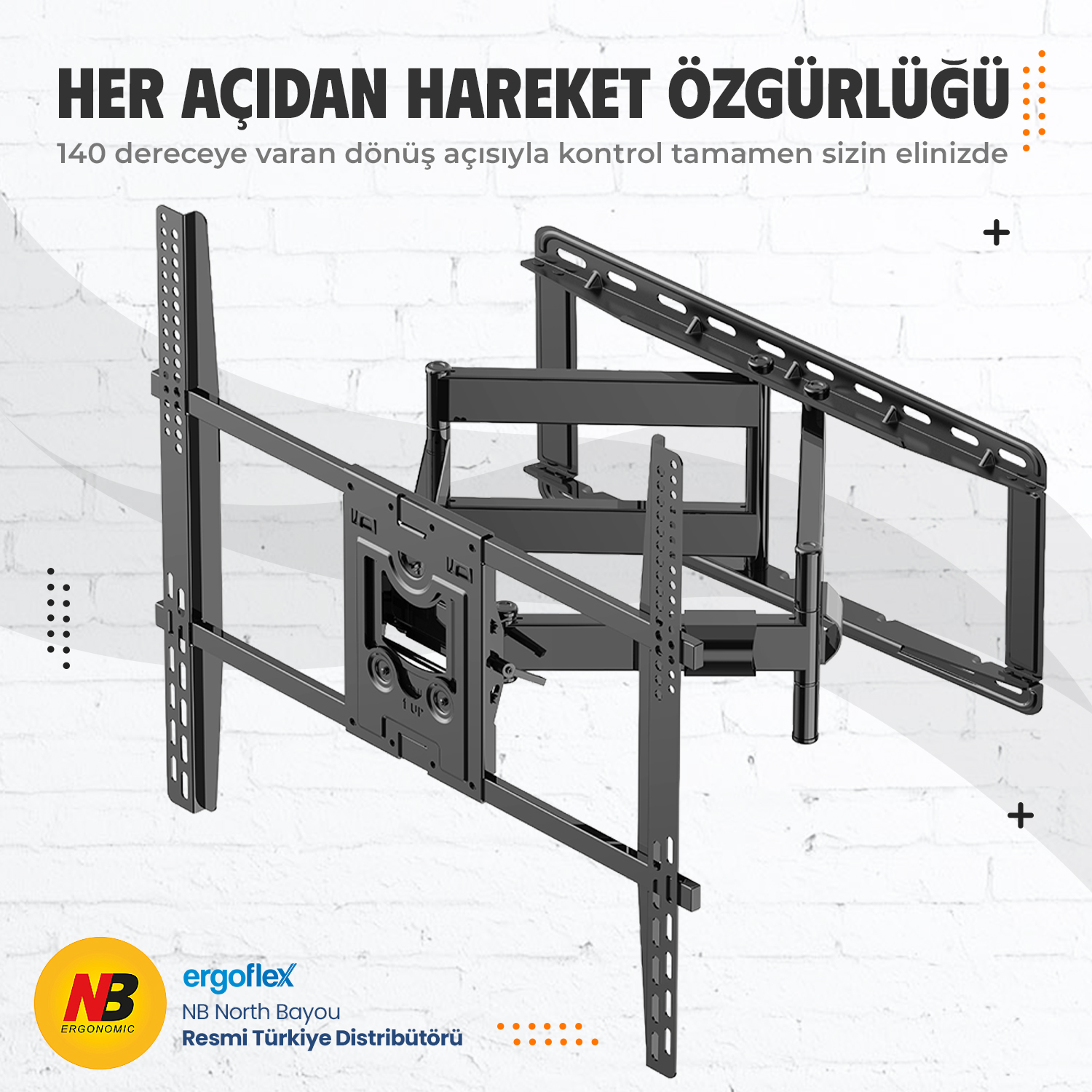 Hareketli kollara sahip siyah, ayarlanabilir TV askısı, beyaz tuğla duvar önünde.