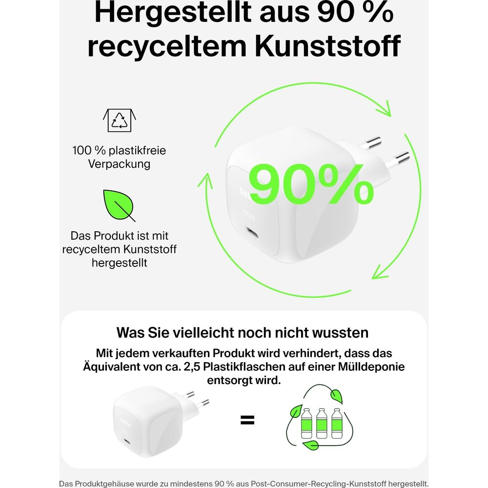 Una spina del caricabatterie bianca in plastica riciclata al 90%, circondata da una freccia verde.